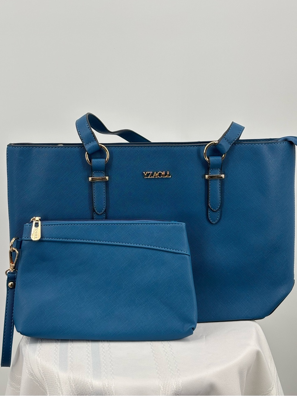 YZAOLL Blue Faux Leather Handbag Set- Tote & Wristlet